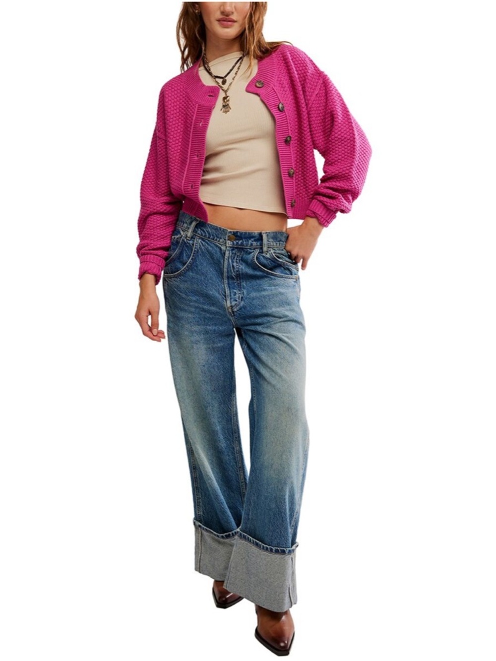 Free People Oversized Cable Knit Cardigan in Plumdrop Size M - Picture 2 of 11